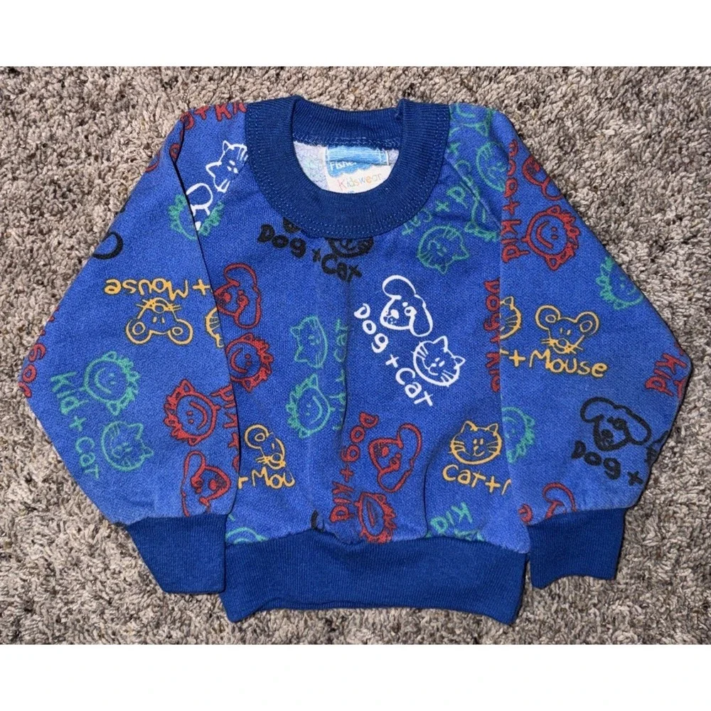 Vintage Y2K Fisher Price Kidswear‎ Toddler Sweatshirt Dog Cat Mouse Print Blue